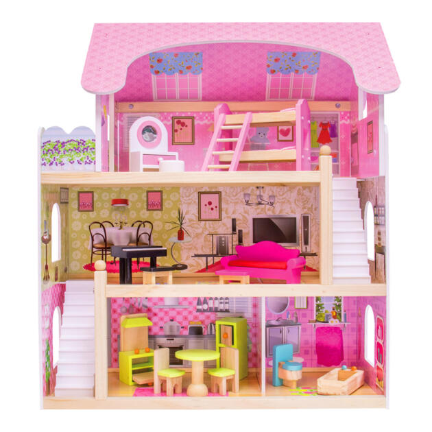 Casa de muñecas de madera con muebles "Mila".