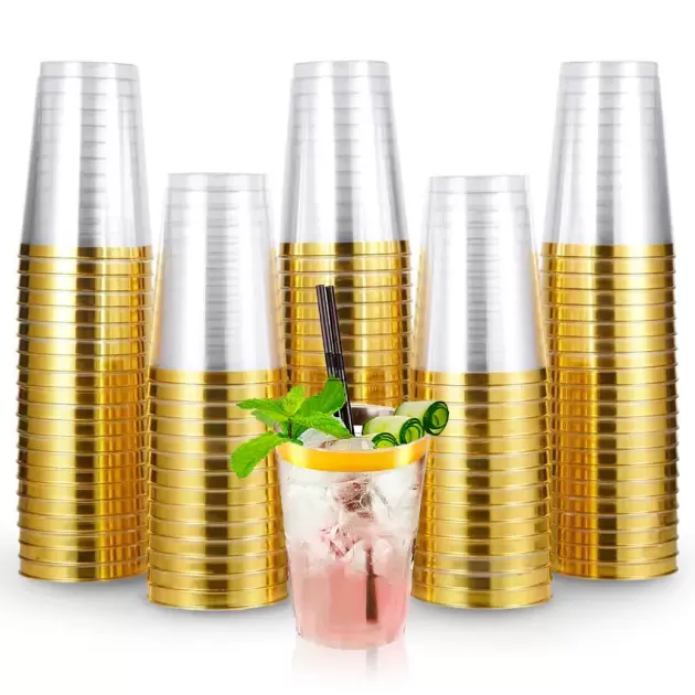 Vasos de plástico Premium reutilizable con borde dorado